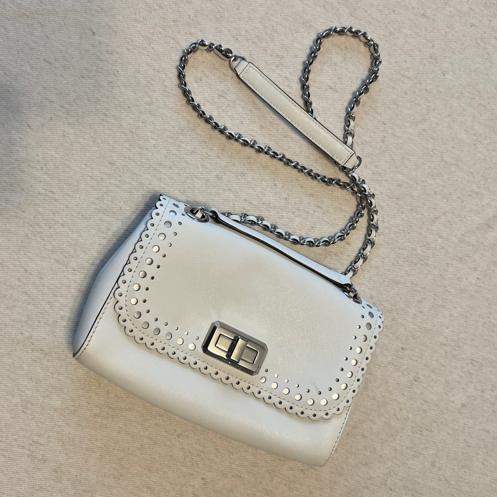 Michael Kors Hannah Leather Scallop Perforated Shoulder Flap Bag White New